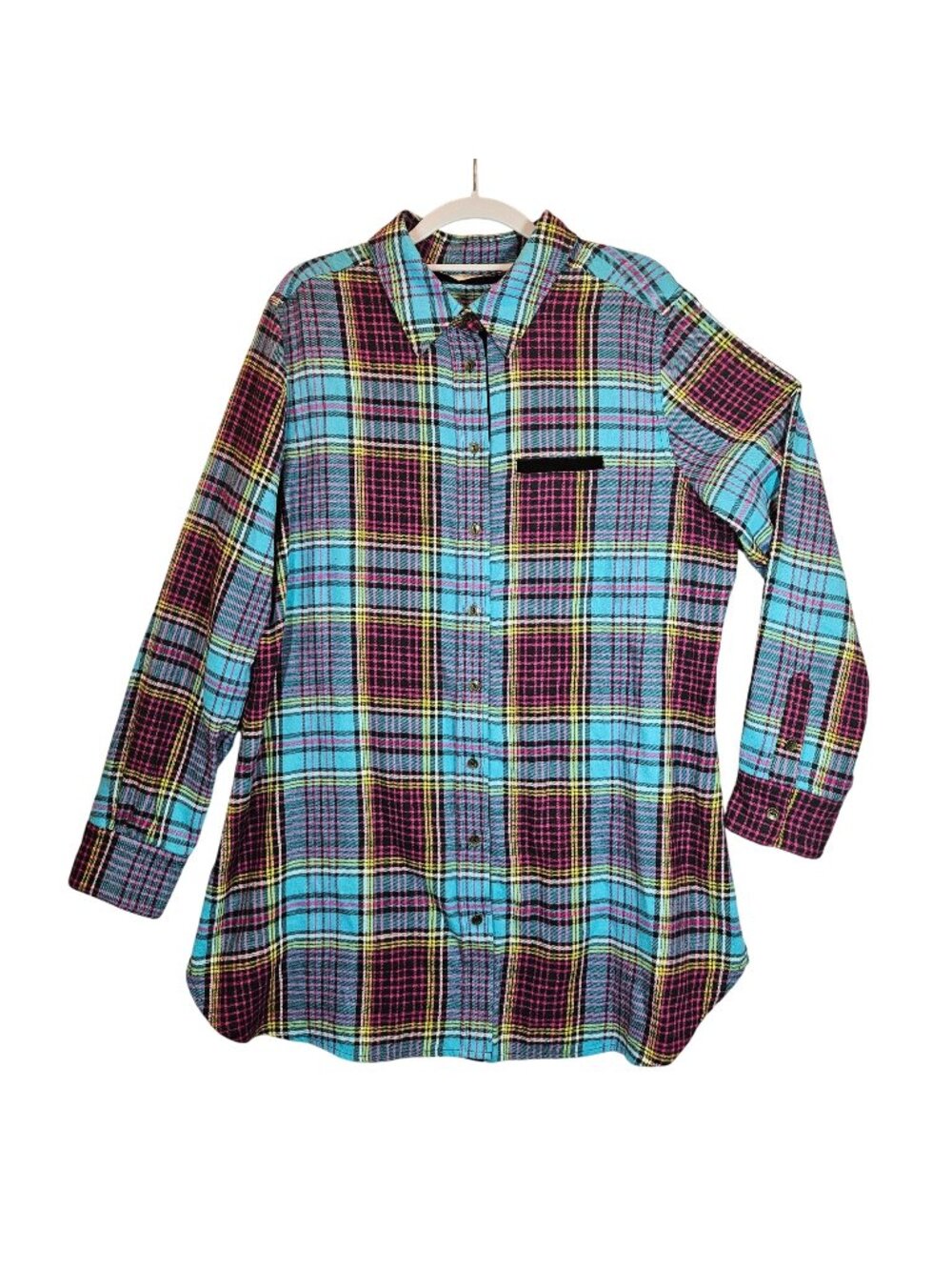Soft Surroundings Blouse Womens L Flannel Plaid Metal Button Shirt Velvet Design